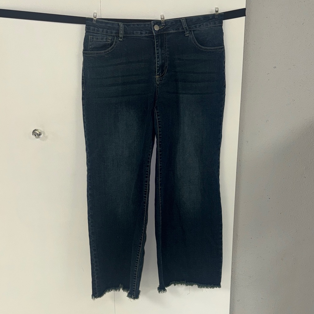 Classic Dark Denim Ankle Length Raw Hem Wide Leg Jeans
